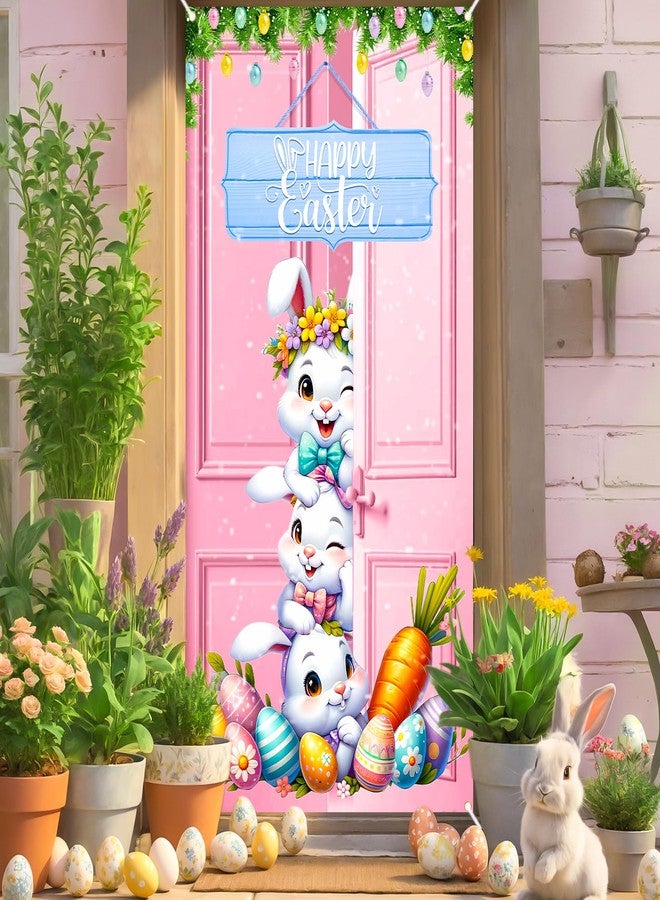 Yoirrat Happy Easter Door Cover Decorations Pink Easter Bunny Eggs Door Banner Welcome Easter Banner Spring Easter Party Decorations for Front Door Wall Indoor Outdoor 72.8 x 35.4 Inch - Image 3