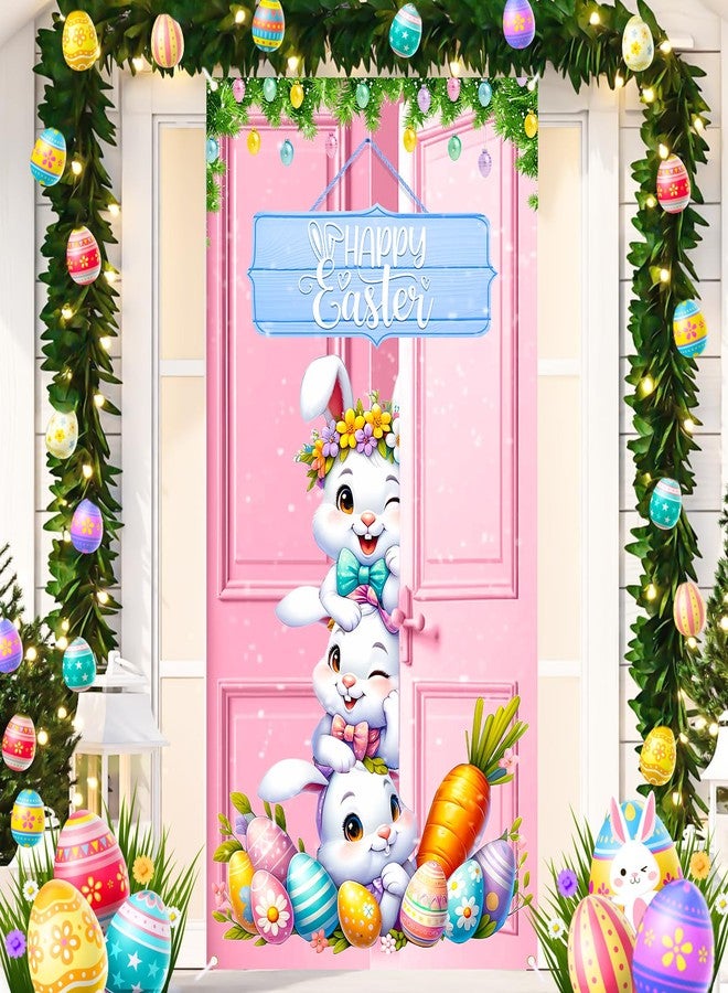 Yoirrat Happy Easter Door Cover Decorations Pink Easter Bunny Eggs Door Banner Welcome Easter Banner Spring Easter Party Decorations for Front Door Wall Indoor Outdoor 72.8 x 35.4 Inch - Image 1