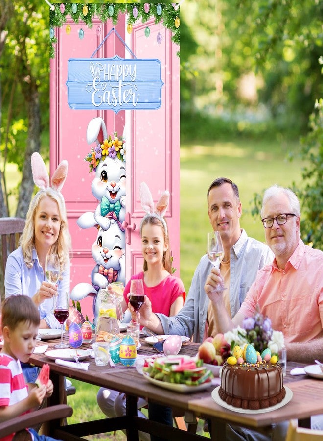 Yoirrat Happy Easter Door Cover Decorations Pink Easter Bunny Eggs Door Banner Welcome Easter Banner Spring Easter Party Decorations for Front Door Wall Indoor Outdoor 72.8 x 35.4 Inch - Image 2
