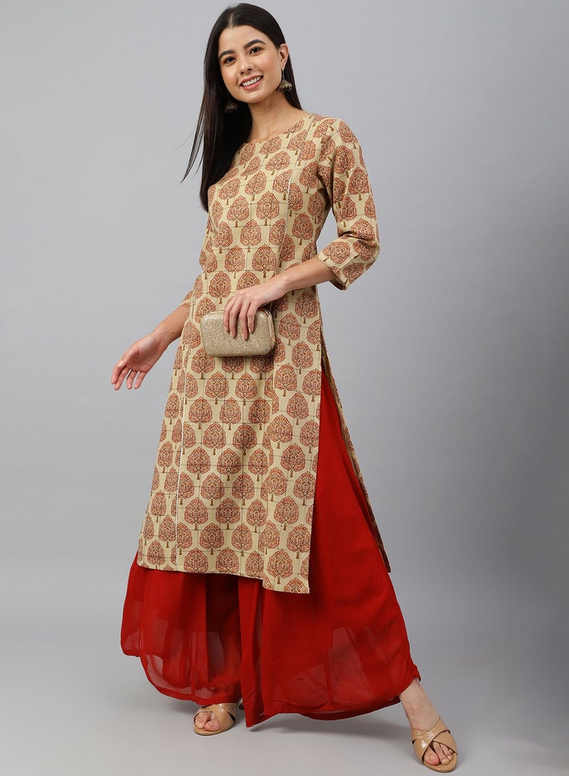 IndHeritage - Eid kurti collection - Premium cotton kurti - Cream colour women's kurti / kurta with red ethnic prints - Indian Kurti IDH00060 - Image 2