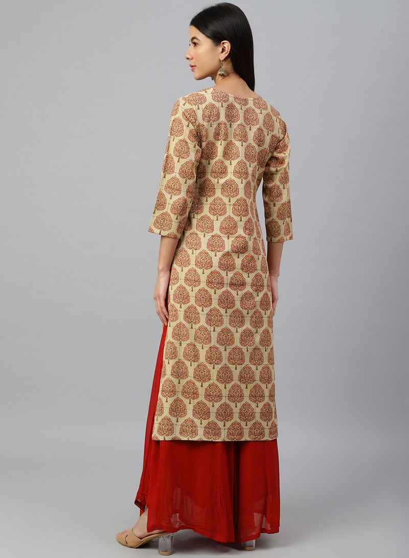 IndHeritage - Eid kurti collection - Premium cotton kurti - Cream colour women's kurti / kurta with red ethnic prints - Indian Kurti IDH00060 - Image 5