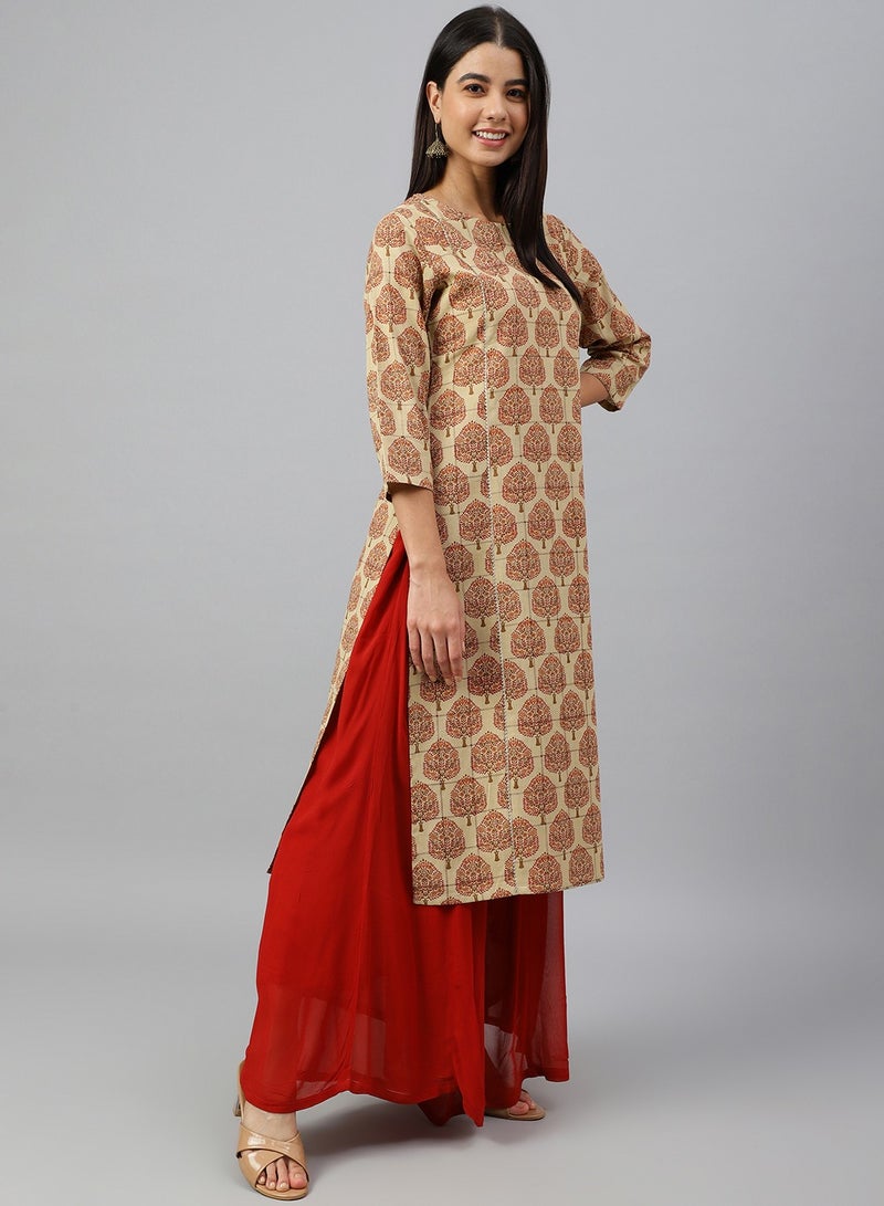 IndHeritage - Eid kurti collection - Premium cotton kurti - Cream colour women's kurti / kurta with red ethnic prints - Indian Kurti IDH00060 - Image 4