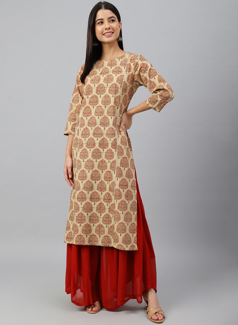 IndHeritage - Eid kurti collection - Premium cotton kurti - Cream colour women's kurti / kurta with red ethnic prints - Indian Kurti IDH00060 - Image 1
