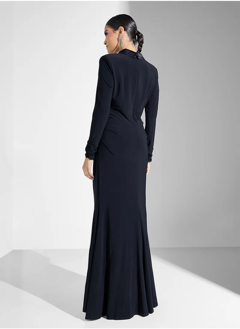 Adrianna Papell Tuxedo Mermaid Gown With Long Sleeves Dress