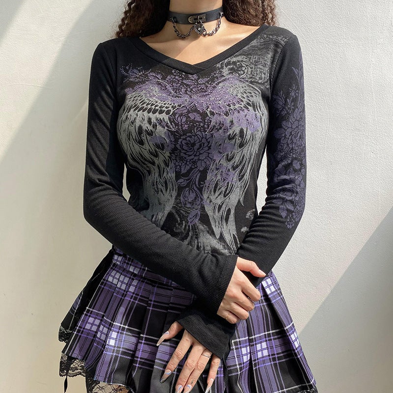 Retro Feather Wings Print Export European and American Amazon Hot Diamond Round Neck Elegant Work Clothing Cotton Slim Long Sleeves Gray - Image 2