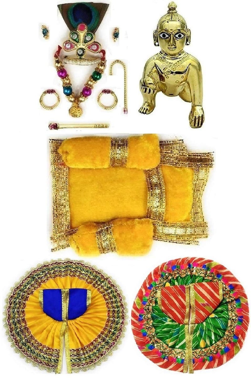 A & S VENTURES A&S Ventures Laddu Gopal Murti (Brass Idol) with Shringar Set of Mukut, Mala, Bansuri, Asan and 2 Dresses for God Krishna (Ladoo Gopal Dress Combo) (1 no.) - Image 5