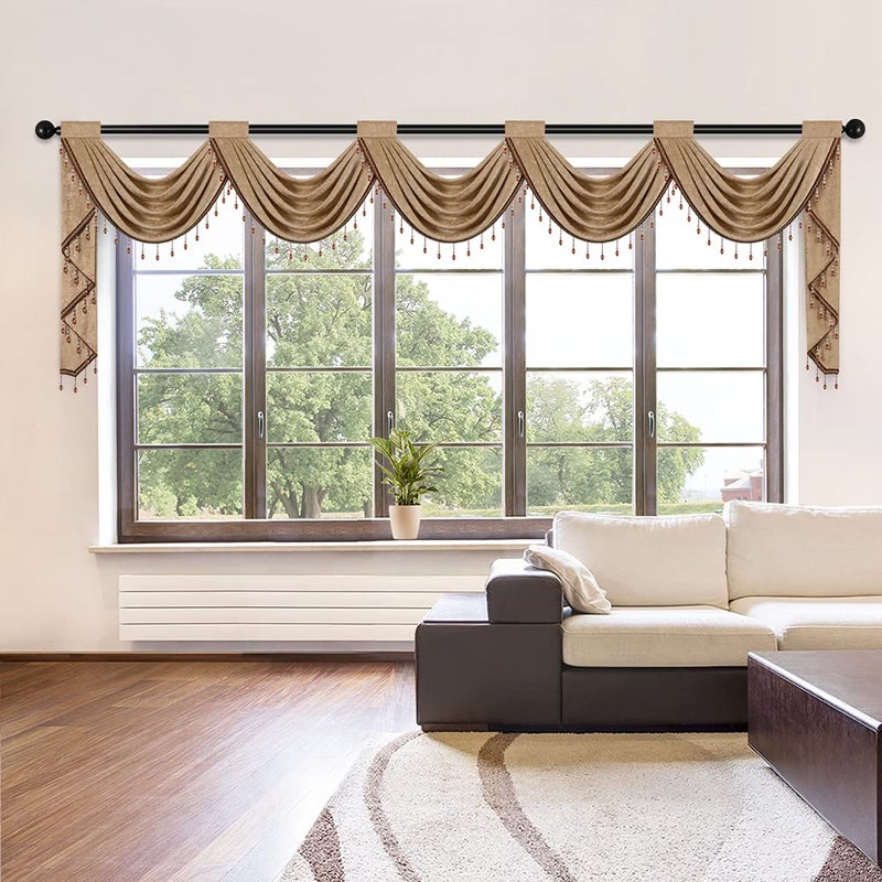 ELKCA ELKCA Coffee Chenille Waterfall Valance for Living Room 5 Hollow Swags Valance for Kitchen 1 Panel 