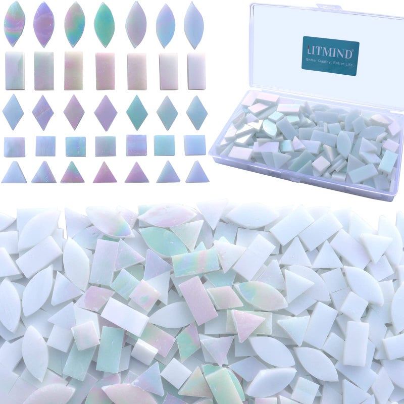 LITMIND Iridescent Glass Mosaic Tiles for Crafts 240 Pieces 5 Shapes Mixed Stained Glass Sheets Mosaic Kits for Adults Iridescent White