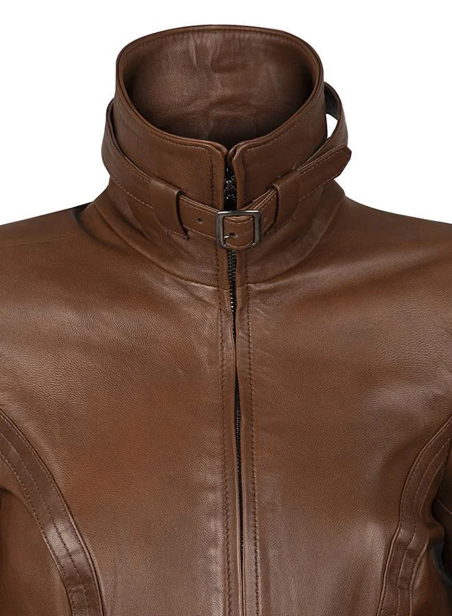 Felix Hardy Chesnut Genuine Leather Classic Jacket with Belt for Women | Best Price UAE