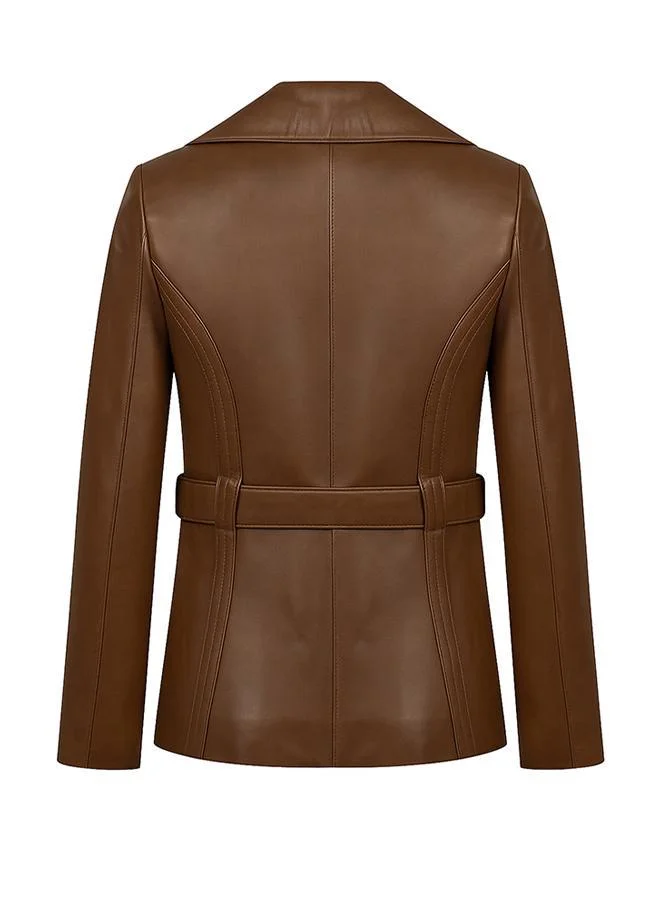 Felix Hardy Chesnut Genuine Leather Classic Jacket with Belt for Women | Best Price UAE