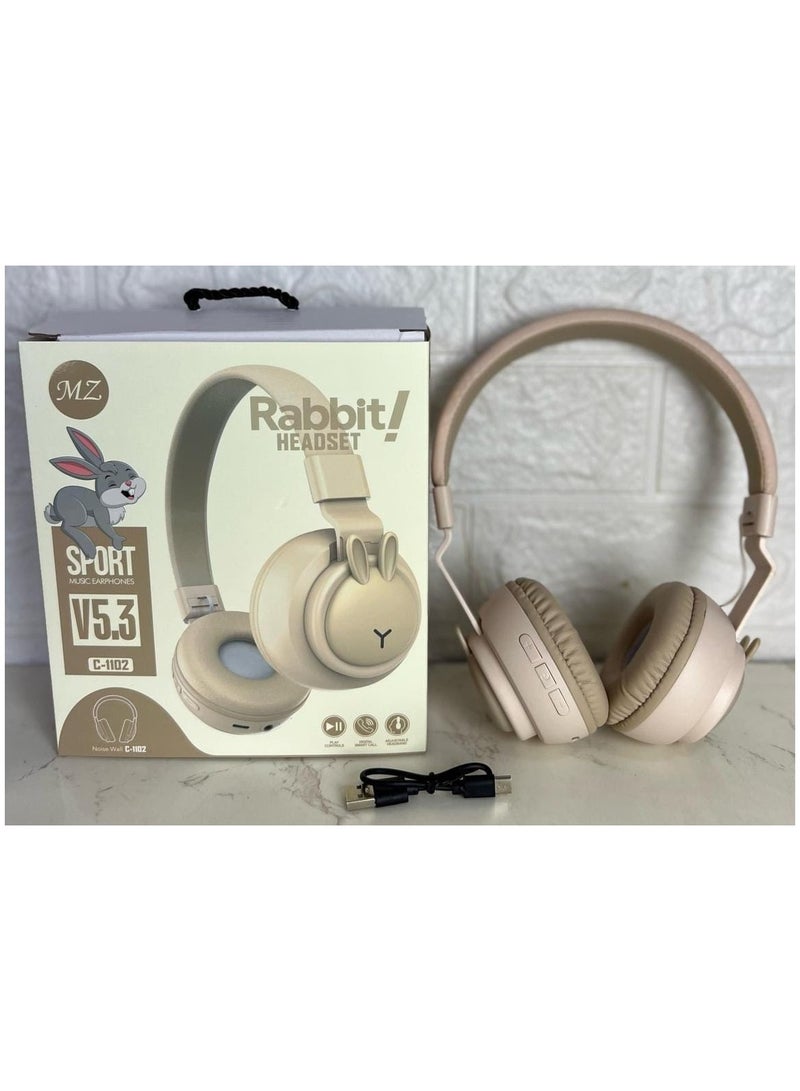 سماعة رأس Rabbit C‑1102 بلوتوث 5.0 - مشغلات HiFi مقاس 40 مم، وبطاقة TF وراديو FM، وتصميم قابل للطي على شكل أرنب مع ميكروفون