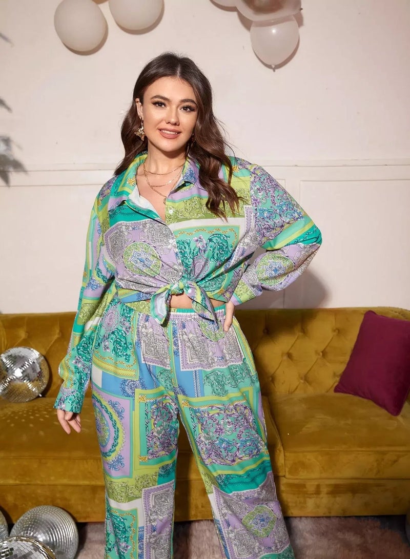 Plus Scarf Print Blouse & Pants - Image 3
