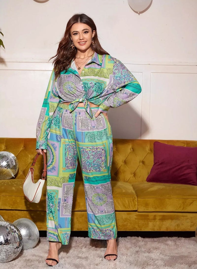 Plus Scarf Print Blouse & Pants - Image 1