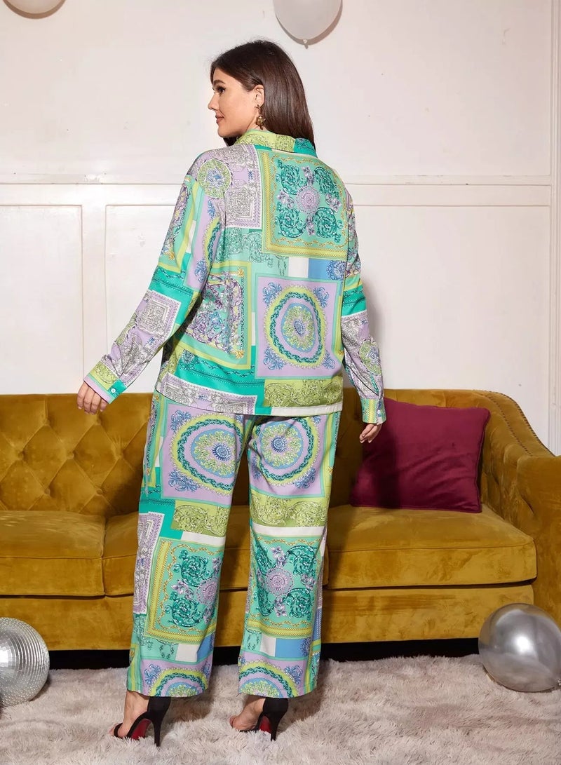 Plus Scarf Print Blouse & Pants - Image 2