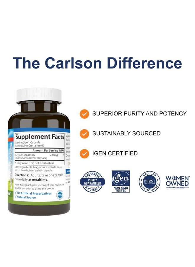 Carlson Ceylon Cinnamon, 500 mg, Healthy Blood Sugar, True Cinnamon, 90 capsules - Image 2