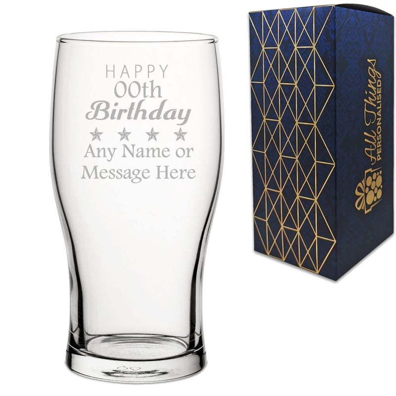 Personalised Engraved Novelty Pint Glass with Birthday Stars Design Personalise with Any Age Name and Message for Any Birthday Gift Box Included Laser Engraved