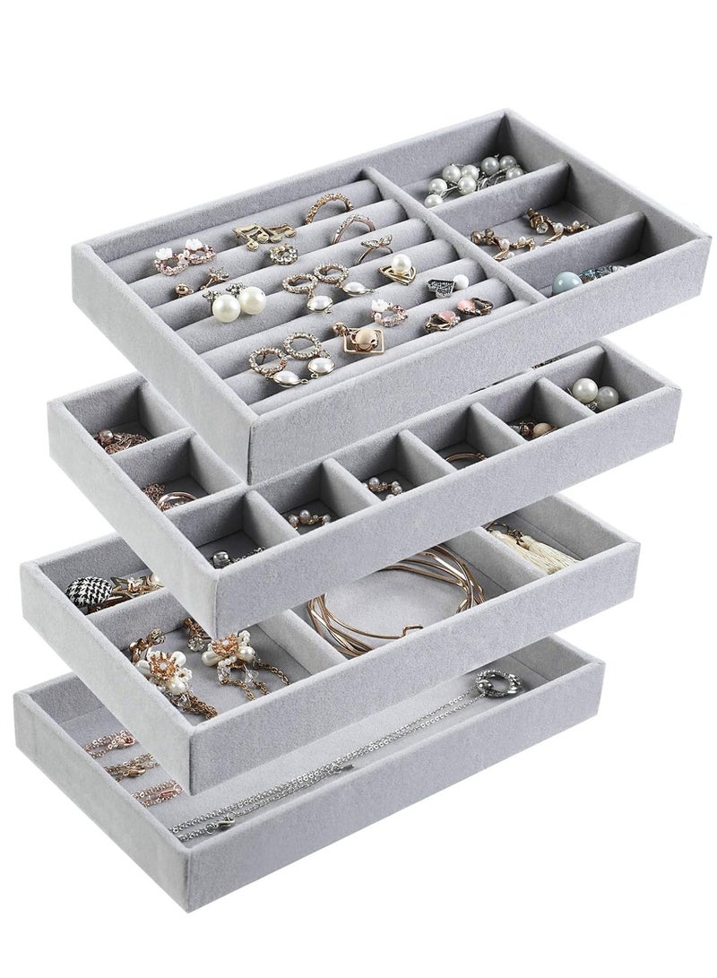 XiuWoo 4 PCS Stackable Jewelry Organizer Trays, Drawer Organizer and Jewelry Display Case Storage Container for Earring Necklace Rings Bracelet with Removable Dividers - Image 1