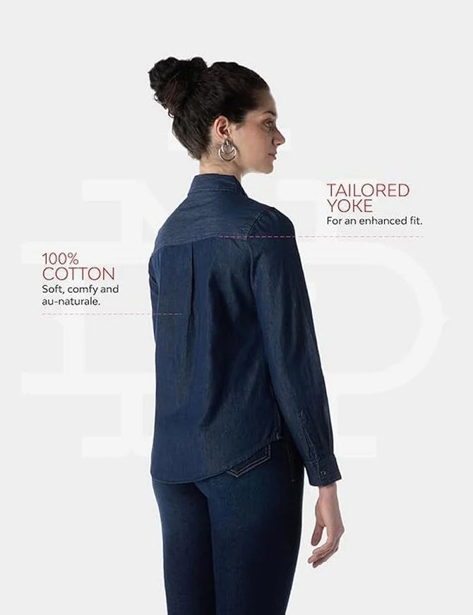 inkd Women's Full Sleeve Casual Denim Shirt - 100% Cotton | Front Button Detailing | Regular Fit