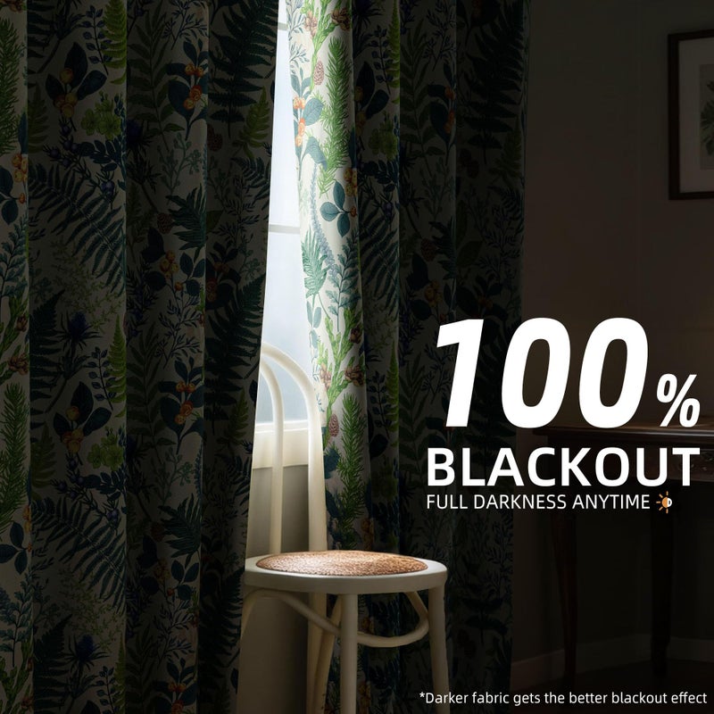 keensoft Botanical 100% Blackout Curtains for Bedroom 84 Inch Length 2 Panels Set White Green Plant Floral Black Out Curtains Insulated Grommet Room Darkening Window Drapes for Living Roomï¼Œ52Wx84L - Image 3