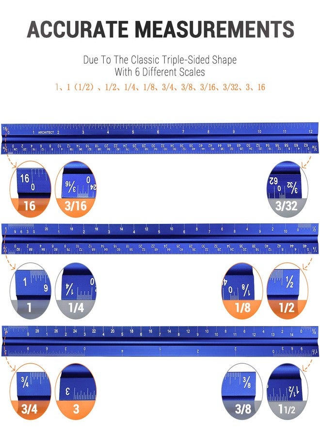 Hutou 12" Architectural Scale Ruler Aluminum Architect Scale Triangular Scale Ruler for Architects, Draftsman, Students and Engineers, Blue - Image 3