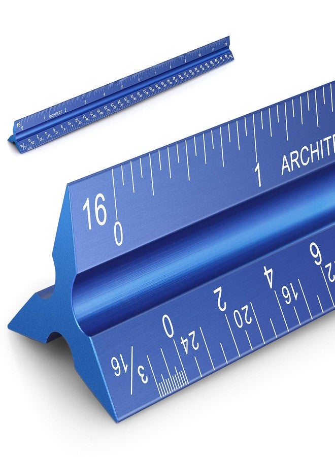 Hutou 12" Architectural Scale Ruler Aluminum Architect Scale Triangular Scale Ruler for Architects, Draftsman, Students and Engineers, Blue - Image 1