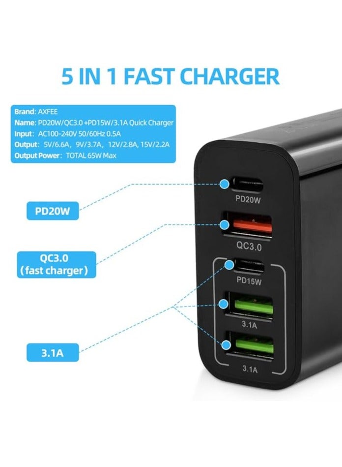 5-Port 65W USB Fast Charger Plug PD Power Adapter, Multi USB Plug UK Type C Charging Plug Compatible for iPhone 15/14 Pro Max and AirPods, iPad,Samsung S24/23 Ultra-Black  - Image 5