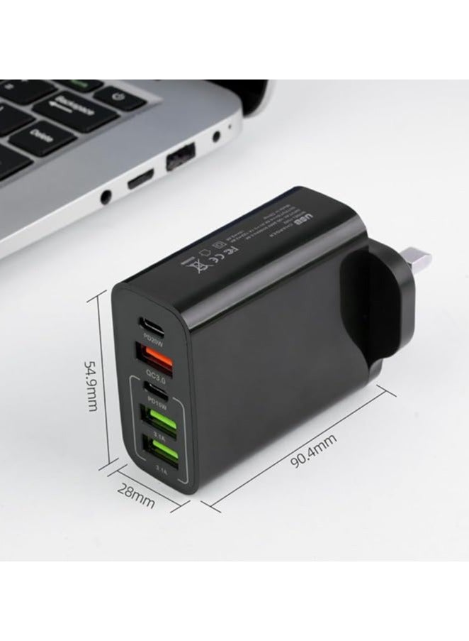 5-Port 65W USB Fast Charger Plug PD Power Adapter, Multi USB Plug UK Type C Charging Plug Compatible for iPhone 15/14 Pro Max and AirPods, iPad,Samsung S24/23 Ultra-Black  - Image 2