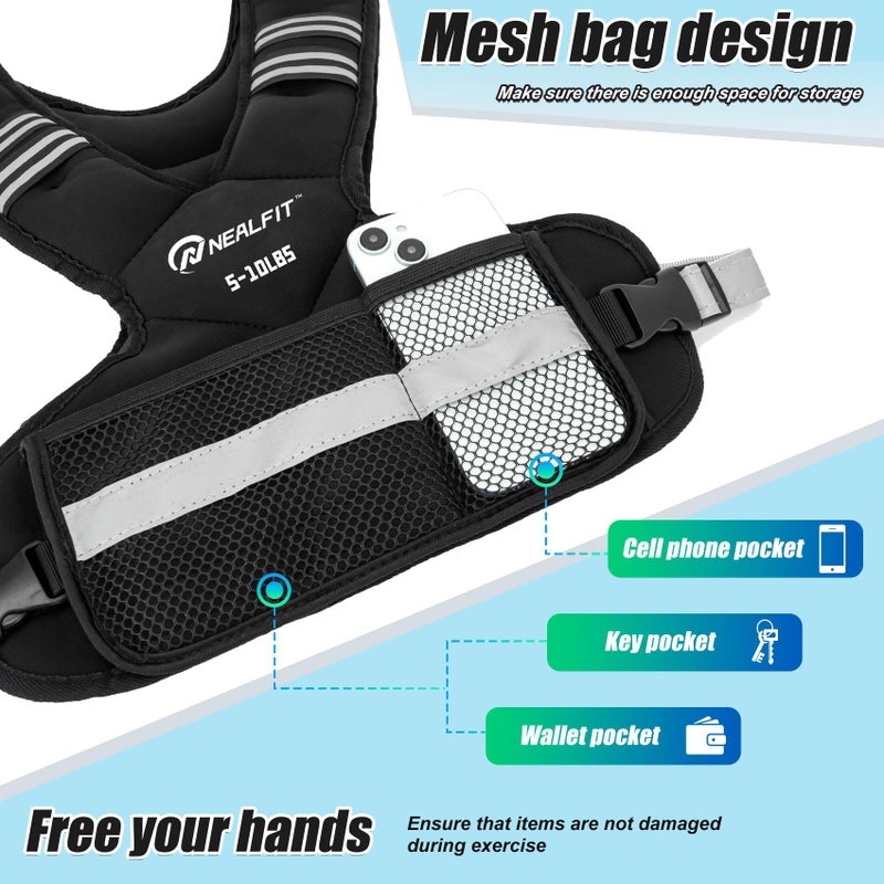 NEALFIT Weighted Vest for Women and Men, 5-10lb/11-20lb/18-30lb Adjustable Weighted Vest with Reflective Strip, Body Weight Vest for Walking, Running, Fitness, Strength Training (Black, 5-10 lbs) - Image 5
