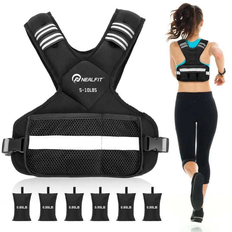 NEALFIT Weighted Vest for Women and Men, 5-10lb/11-20lb/18-30lb Adjustable Weighted Vest with Reflective Strip, Body Weight Vest for Walking, Running, Fitness, Strength Training (Black, 5-10 lbs) - Image 1