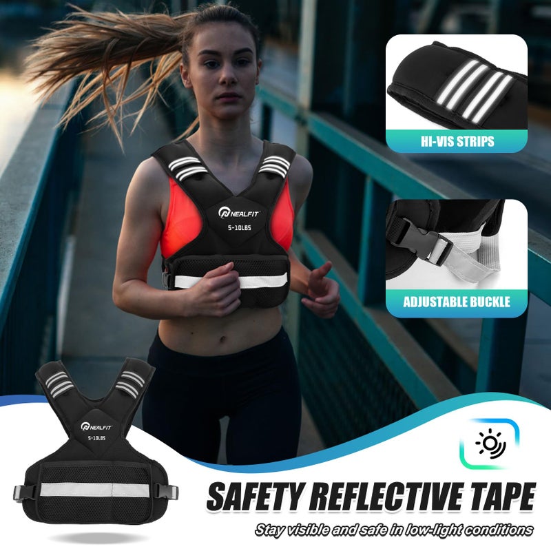 NEALFIT Weighted Vest for Women and Men, 5-10lb/11-20lb/18-30lb Adjustable Weighted Vest with Reflective Strip, Body Weight Vest for Walking, Running, Fitness, Strength Training (Black, 5-10 lbs) - Image 4