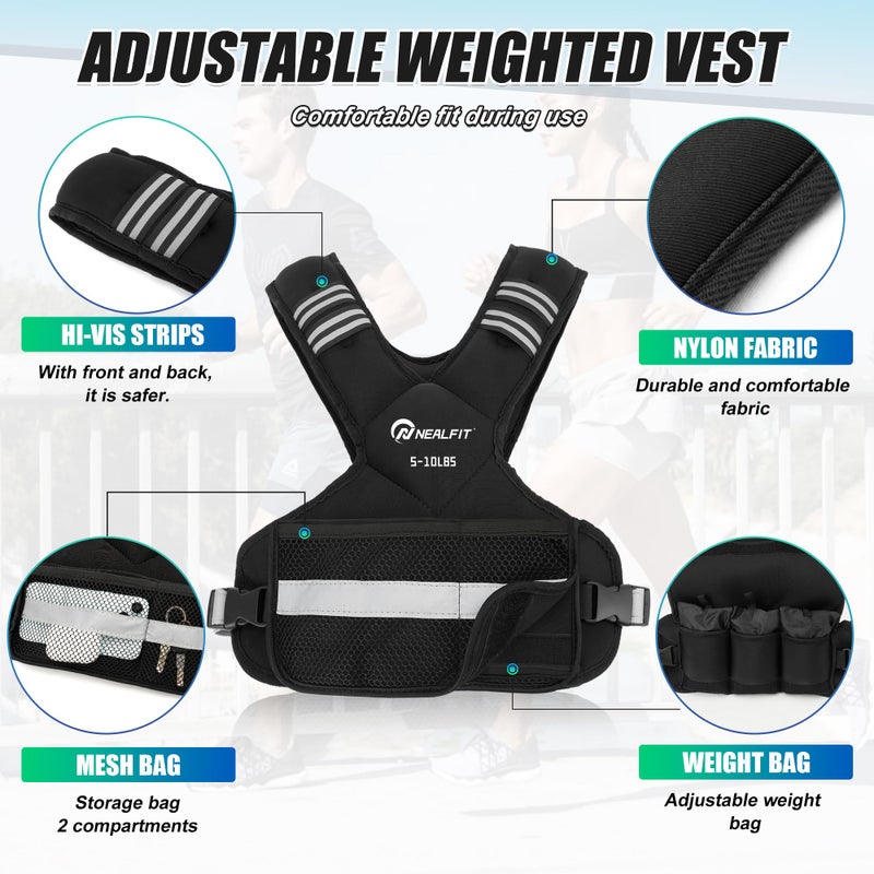 NEALFIT Weighted Vest for Women and Men, 5-10lb/11-20lb/18-30lb Adjustable Weighted Vest with Reflective Strip, Body Weight Vest for Walking, Running, Fitness, Strength Training (Black, 5-10 lbs) - Image 3