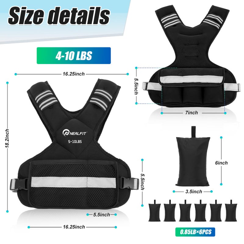 NEALFIT Weighted Vest for Women and Men, 5-10lb/11-20lb/18-30lb Adjustable Weighted Vest with Reflective Strip, Body Weight Vest for Walking, Running, Fitness, Strength Training (Black, 5-10 lbs) - Image 2