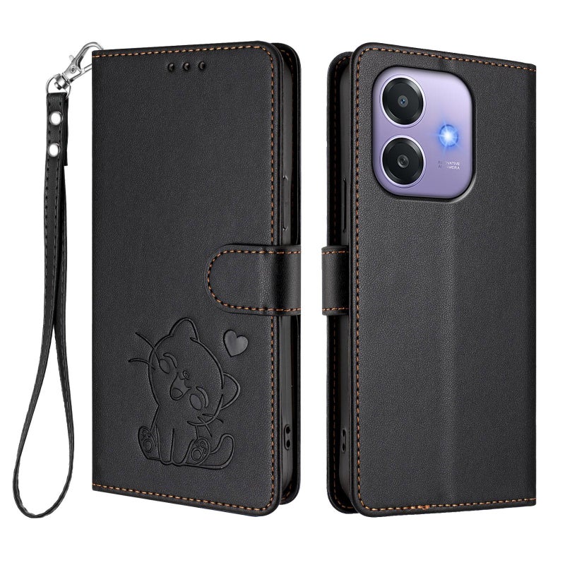 erorex For OPPO A3x / A3 / A60 5G Global Embossed  Cat Leather Phone Case with Hand Strap(Black) - Image 2