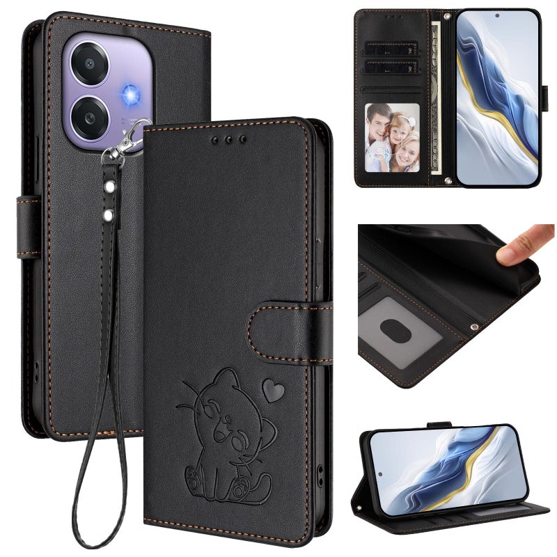 erorex For OPPO A3x / A3 / A60 5G Global Embossed  Cat Leather Phone Case with Hand Strap(Black) - Image 1