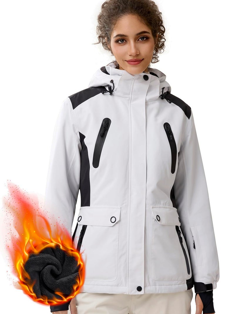FREE SOLDIER Womens Waterproof Ski Snow Jacket Warm Fleece Lined Winter Rain Jacket with Hood Fully Taped Seams White Black
