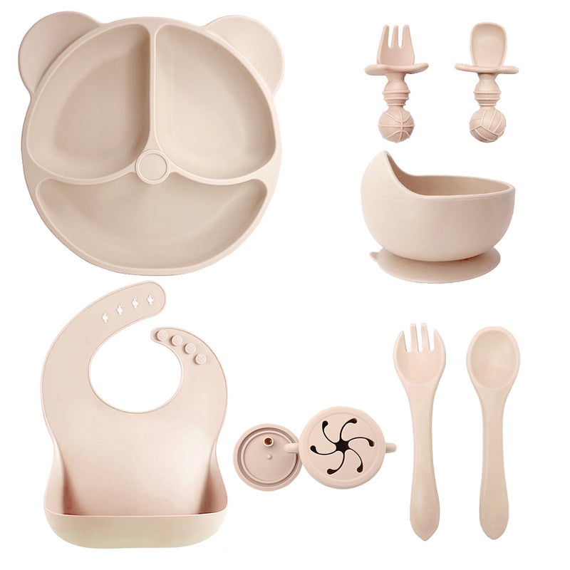 Silicone Baby Dining Set Soft Bib Bowl SpoonBeige 10 pieces-bear plate + snail bowl +2 in 1 cup + Bib + long fork spoon + short ball fork spoon Beige 10 pieces-bear plate + snail bowl +2 in 1 cup + Bib + long fork spoon + short ball fork spoon