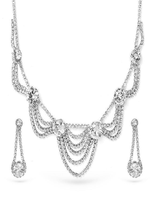 Rubans Rhodium Plated AD & Cubic Zirconia Studded Layered Statement Necklace Set - Image 1