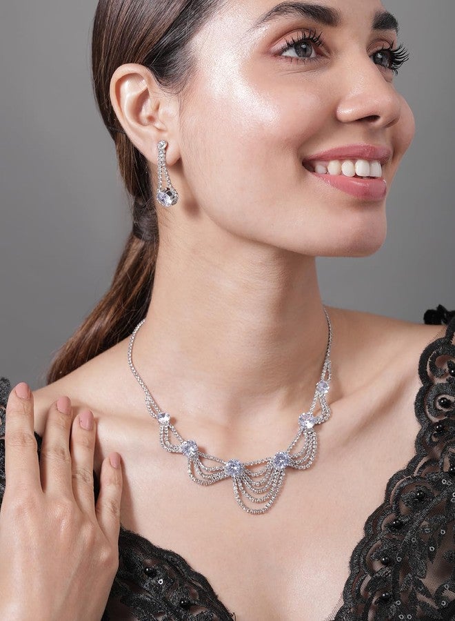 Rubans Rhodium Plated AD & Cubic Zirconia Studded Layered Statement Necklace Set - Image 5