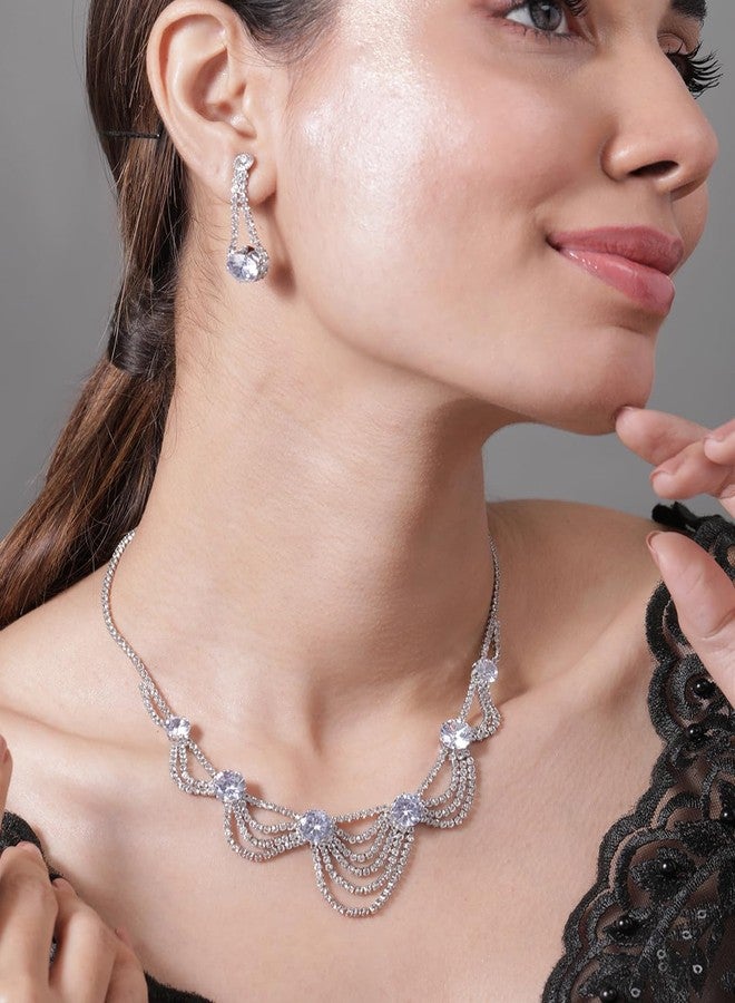 Rubans Rhodium Plated AD & Cubic Zirconia Studded Layered Statement Necklace Set - Image 3