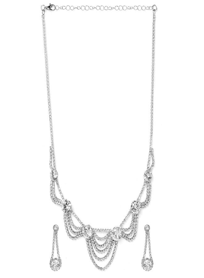 Rubans Rhodium Plated AD & Cubic Zirconia Studded Layered Statement Necklace Set - Image 4