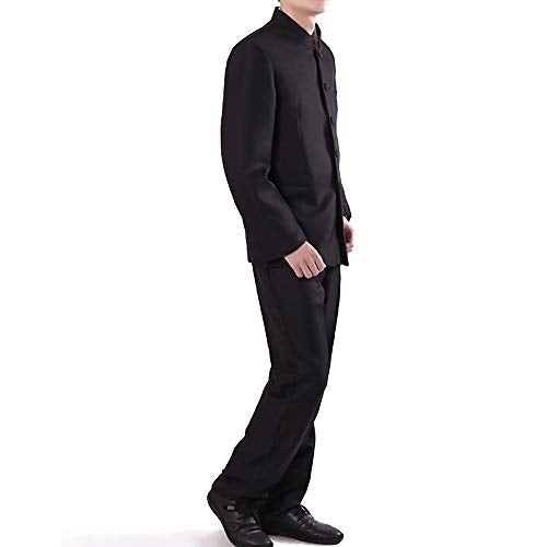 StarDY Chinese Tunic Suits Mandarin Collar Formal Black Suit Slim Fit Front Button Japanese School Uniform Groom Dress (Black, L) - Image 3