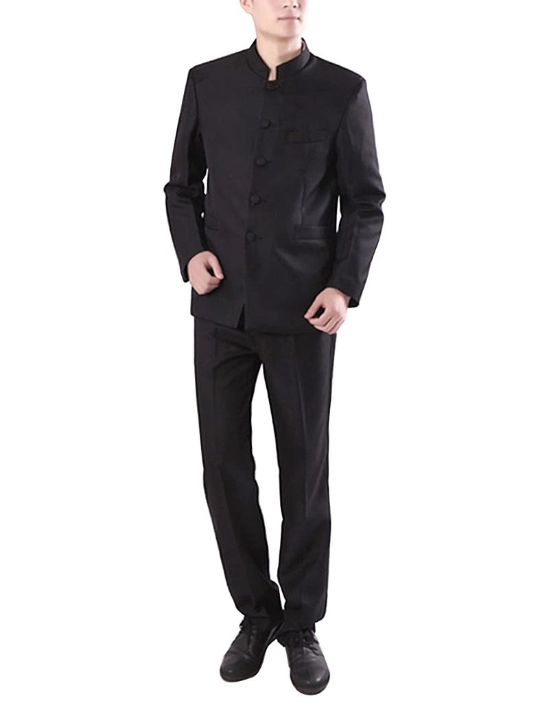 StarDY Chinese Tunic Suits Mandarin Collar Formal Black Suit Slim Fit Front Button Japanese School Uniform Groom Dress (Black, L) - Image 2