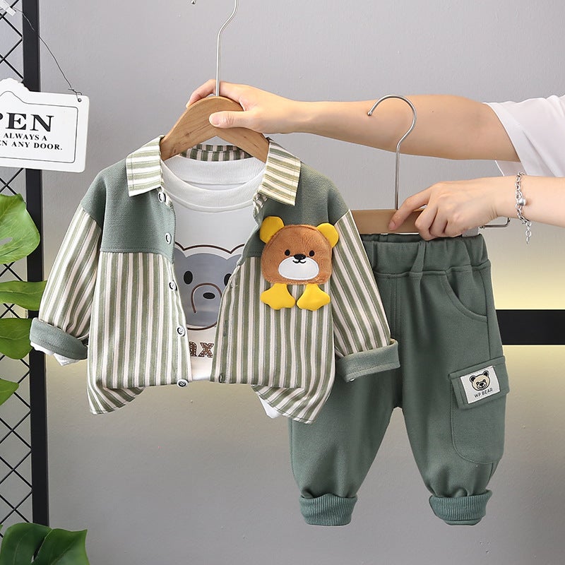 Boys Western Style Autumn suit Spring and Autumn New Small and Medium-Sized Childrens Fashionable Handsome Vertical Stereo Bear Long Sleeve Three-Piece Set Green