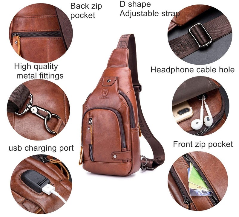 BULLCAPTAIN Leather Men Sling Bags Travel Crossbody Chest Bag Hiking Daypack with USB Charging Port Multi-Pocket - Image 4
