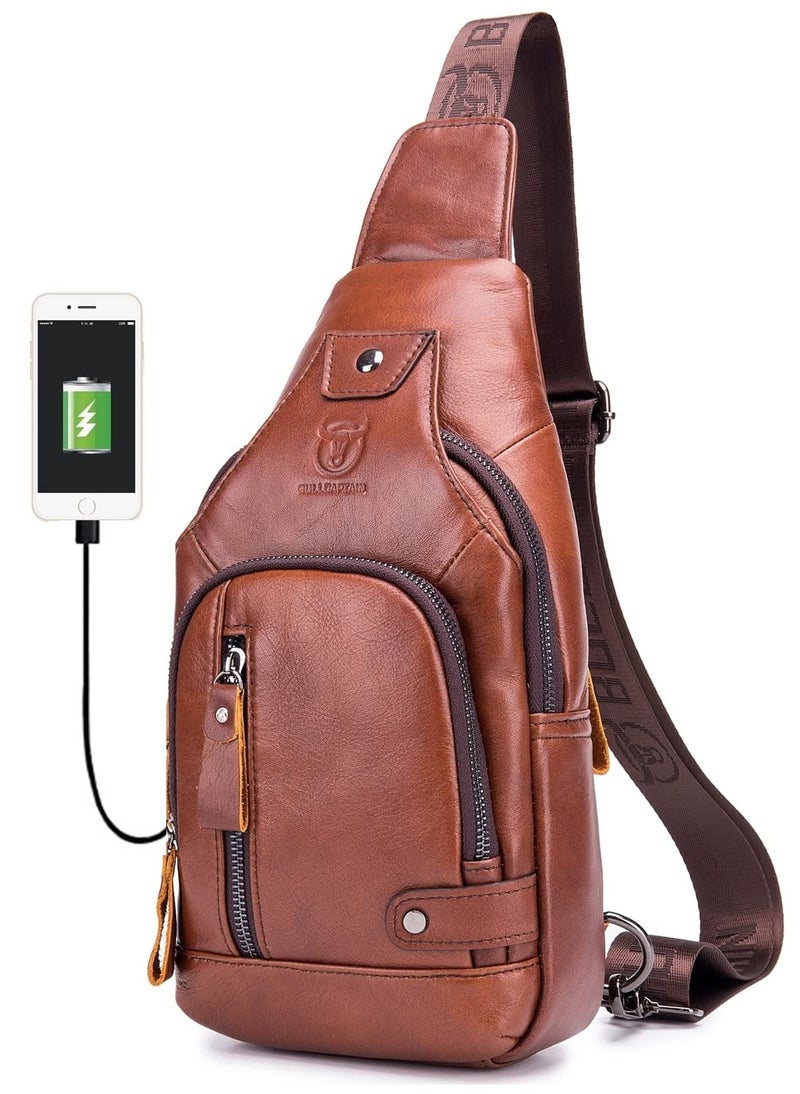 BULLCAPTAIN Leather Men Sling Bags Travel Crossbody Chest Bag Hiking Daypack with USB Charging Port Multi-Pocket - Image 1