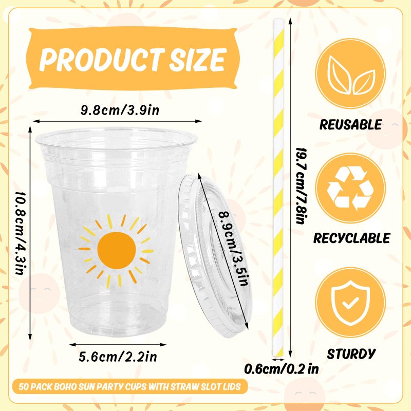 Whaline 50Pcs Boho Sun Disposable Plastic Cups with Lids and Straws 12oz Party Cups Sunshine Cold Beverage Drinking Cups for Birthday Baby Shower Party - Image 1