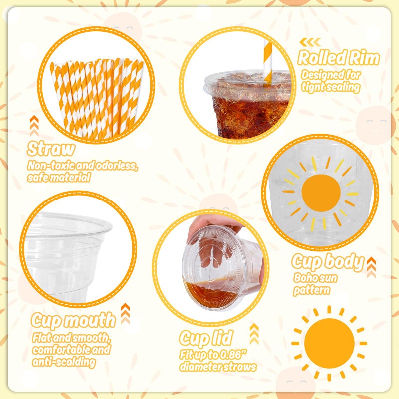 Whaline 50Pcs Boho Sun Disposable Plastic Cups with Lids and Straws 12oz Party Cups Sunshine Cold Beverage Drinking Cups for Birthday Baby Shower Party - Image 2