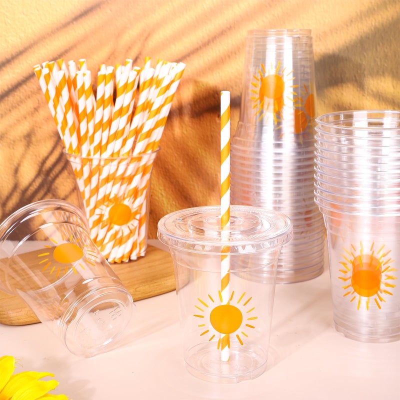 Whaline 50Pcs Boho Sun Disposable Plastic Cups with Lids and Straws 12oz Party Cups Sunshine Cold Beverage Drinking Cups for Birthday Baby Shower Party - Image 3