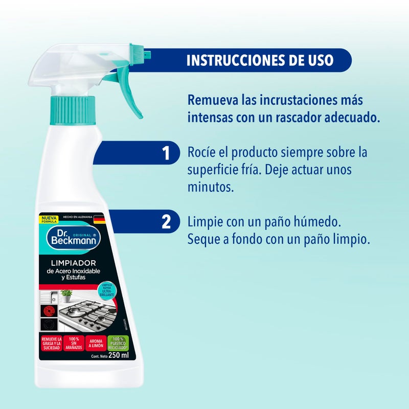 Dr. Beckmann, Stainless Steel Cleaner, Shiny, Matte and Chrome Surfaces, Removes Grease and Fingerprints, Foaming Formula, German Quality, 250 ml - Image 4