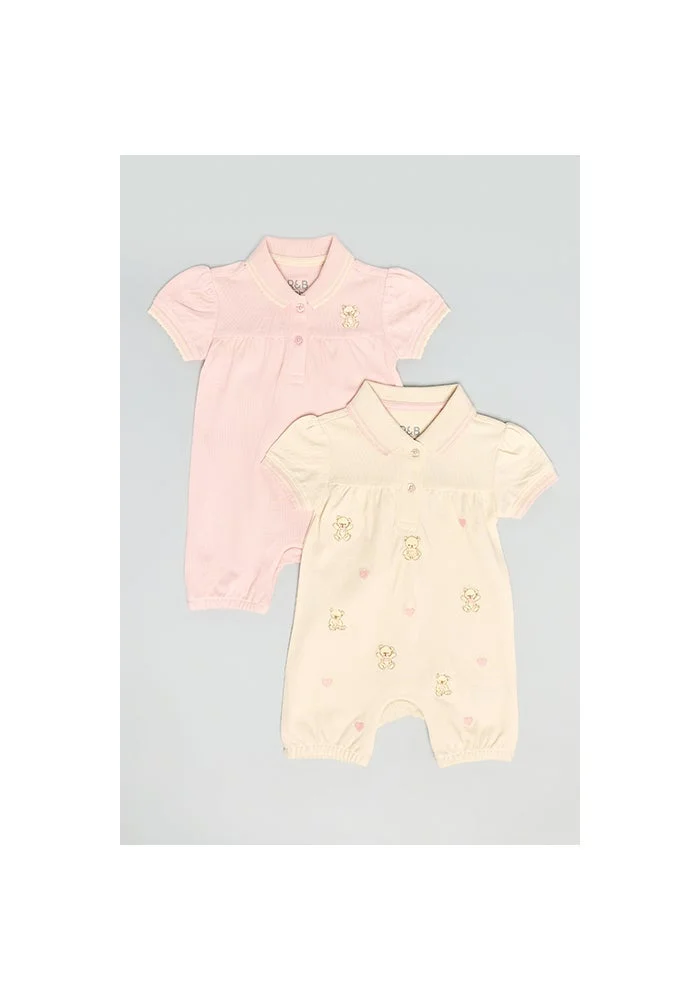 R&b 2 Pack Printed Collared Rompers with Puff Sleeves
